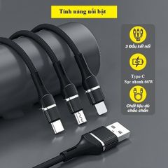 Cáp Sạc Nhanh 3 Đầu Bọc Dù Type C, Lightning, Micro USB 1.2m - Sạc Tối Đa 60W, Tiện Lợi Cho Tất Cả Thiết Bị Điện Thoại