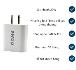 Củ Sạc Nhanh Mini 20W PD 3.0 zicBee MGA016 - Sạc Tốc Độ Cao cho Điện Thoại, iPad, Airpods, Apple Watch, Thiết Kế Gọn Nhẹ, USB-C