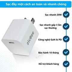 Củ sạc nhanh ZicBee MGA015 20W PD QC USB-C cho iPhone & Android - Thiết kế mini, sạc tốc độ cao gấp 3 lần bộ sạc 5W