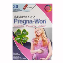 Viên uống Pregna-Won Multivitamin + DHA cho bà bầu - hỗ trợ sức khỏe mẹ và bé, giảm rạn da, 30 viên chính hãng