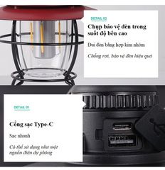 Đèn Cắm Trại Chiếu Sáng Ngoài Trời Pin Sạc Dáng Cổ Điển CLS - Bền Bỉ, Chống Gỉ, 3 Chế Độ Ánh Sáng - Phụ Kiện Dã Ngoại Hoàn Hảo