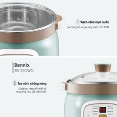 Nồi Nấu Chậm Bennix BN-22CWG 8 Chức Năng - Hẹn Giờ, Công Suất 400W, Dung Tích 2.2L, Lòng Gốm Sứ, Màu Xanh Mint