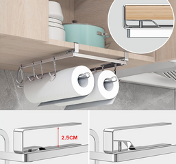 Giá treo 2 cuộn giấy bếp gắn tủ bếp Inox 304 - Tiện ích trang trí nhà bếp Hobby Home Decor kèm 8 móc treo đồ hữu dụng