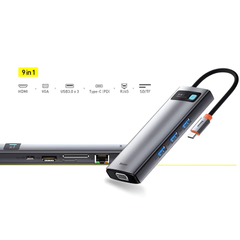 Bộ Hub Đa Năng Baseus Metal Gleam Type C 9in1 - Kết Nối HDMI, VGA, USB 3.0, 4K, Hỗ Trợ Nguồn PD 100W, Tương Thích Apple, Windows, Android