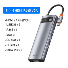 Bộ Hub Đa Năng Baseus Metal Gleam Type C 9in1 - Kết Nối HDMI, VGA, USB 3.0, 4K, Hỗ Trợ Nguồn PD 100W, Tương Thích Apple, Windows, Android
