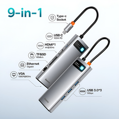 Bộ Hub Đa Năng Baseus Metal Gleam Type C 9in1 - Kết Nối HDMI, VGA, USB 3.0, 4K, Hỗ Trợ Nguồn PD 100W, Tương Thích Apple, Windows, Android