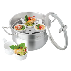Bộ Nồi Xửng Inox Zebra Estio 163749 3 Đáy 24cm Nắp Kính + 5 Chén Sứ - Chất Liệu Inox 304 Bền Bỉ, An Toàn Cho Sức Khỏe