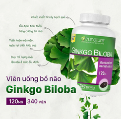 (Xách tay) Viên Uống Ginkgo Biloba 120mg Trunature Mỹ - Hỗ Trợ Bổ Não, bổ sung Trí Nhớ, Giảm Căng Thẳng - 340 Viên