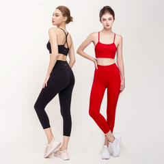 Set đồ tập gym Hibi Sports H144 - Áo bra có mút ngực + Quần lửng lưng cao, Chất liệu co giãn, Thể thao, Yoga, Gym, Đen, Đỏ