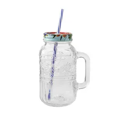 Cốc Thủy Tinh Vintage The Pioneer Woman Cassie 950ml - Mason Jar Tumbler Có Nắp Đậy & Ống Hút - Phong Cách Retro Chic
