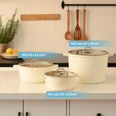 Bộ Nồi, Chảo, Quánh Haatz Phủ Gốm Chống Dính - Chất Liệu Nhôm Cao Cấp - Dẫn Nhiệt Nhanh, Dễ Dàng Vệ Sinh, Màu Kem Trang Nhã