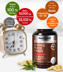 Viên uống Nutri D-Day Premium Biotin 10000 – Hỗ trợ tăng cường sức khỏe tóc, móng và năng lượng, 90 viên bổ sung biotin và vitamin cần thiết.