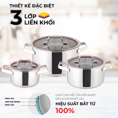 Bộ 3 Nồi Inox 3 Lớp Kalpen Emer EM1 - Dụng Cụ Nấu Ăn Đa Năng Cho Gia Đình, Kích Thước 16cm, 20cm, 24cm