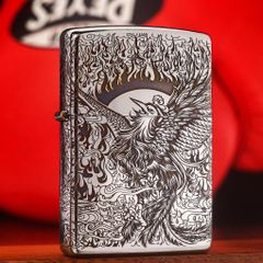 Bật Lửa Zippo Mạ Chrome Đen Khắc Phượng Hoàng - Bật Lửa Xăng Chính Hãng Mỹ, Âm Thanh 