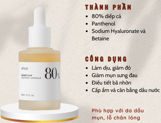 Tinh chất làm dịu da Anua Heartleaf 80% Soothing Ampoule - Serum thiên nhiên cho da nhạy cảm, cung cấp độ ẩm và giảm kích ứng 30ml