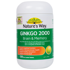 Viên uống Ginkgo 2000 Brain & Memory Nature's Way Úc - Hỗ trợ tăng cường trí nhớ và chức năng nhận thức cho người trưởng thành - 120 viên