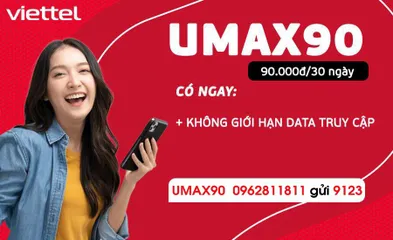 Sim 4G Viettel gói UMAX90 FREE 3 THÁNG - KHÔNG GIỚI HẠN DATA TRUY CẬP