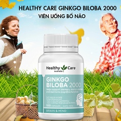 Viên uống bổ não Ginkgo Biloba 2000mg Healthy Care - Tăng cường trí nhớ, hỗ trợ chức năng não - Hộp 100 viên nhập khẩu Úc