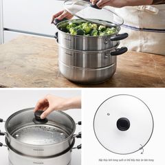 Nồi Hấp 2 Tầng Inox Lock&Lock LLH1282 (28cm) - Chất Liệu Thép Không Gỉ, Đáy 5 Lớp, Dùng Cho Bếp Từ, Tiết Kiệm Năng Lượng