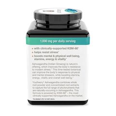 Viên uống nhân sâm Ấn Độ Youtheory Ashwagandha 1000mg - 180 viên tăng cường sức khỏe, giảm căng thẳng, cải thiện tinh thần