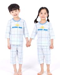 Bộ ngủ lửng cho bé Good day Check Blue nhập khẩu Olomimi - Hàn Quốc