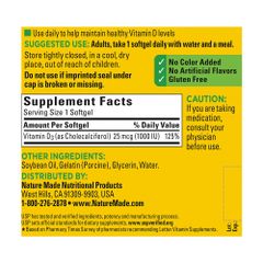 Viên uống bổ sung Vitamin D3 Nature Made D3 1000 IU - 650 viên hỗ trợ xương chắc khỏe, không gluten, an toàn cho người lớn tuổi