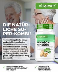 Viên uống bổ não Vit4ever Ginkgo Biloba + Nhân sâm Vegan 365 viên - Tăng cường trí nhớ, hỗ trợ sức khỏe não bộ, giảm căng thẳng.