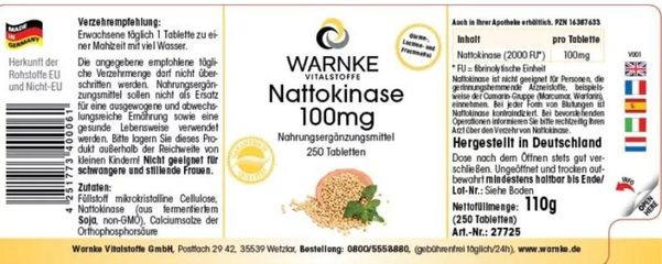 Viên uống Warnke Nattokinase 100mg - Phòng ngừa tai biến, hỗ trợ trị đột quỵ, 250 viên hữu cơ, không chứa gluten và lactose