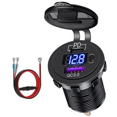 Tẩu Sạc Nhanh Ô Tô Xe Máy 2 Cổng USB Type C 67W - LED Hiển Thị Điện Áp, Nút Bật/Tắt, Chống Nước, Bụi - Thích Hợp Mọi Phương Tiện 12V-24V