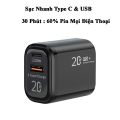 Củ Sạc Nhanh 2 Cổng Type C & USB 20W - Sạc Nhanh Cho iPhone, Samsung, LG, Huawei, Vivo, Oppo, Xiaomi - Thiết Kế Gọn Nhẹ, An Toàn