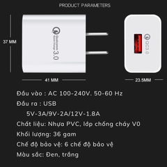 Củ Sạc Nhanh MTR012 18W QC3.0 USB cho Điện Thoại và Máy Tính Bảng Android, iOS - Bảo Vệ An Toàn, Sạc Nhanh Tối Ưu