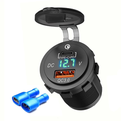 Tẩu Sạc Nhanh Ô Tô Xe Máy 2 Cổng USB Type C Chống Nước Chống Bụi Có Đèn LED Hiển Thị Điện Áp MITARY MTR010