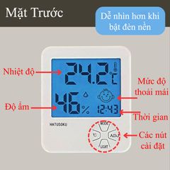 Nhiệt ẩm kế điện tử Hatusoku Nhật Bản với đồng hồ để bàn - Đo nhiệt độ và độ ẩm chính xác, hiển thị khuôn mặt thông minh, thiết kế tiện lợi