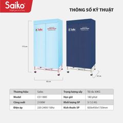 Tủ Sấy Quần Áo Đa Năng Saiko CD-1800 - Máy Sấy Quần Áo Công Suất 1800W, Thiết Kế Sang Trọng, Hẹn Giờ An Toàn, Chống Han Gỉ