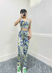 Bộ đồ thể thao nữ hoạ tiết hoa thời trang - Set quần áo gym và yoga thiết kế đan chéo, tặng kèm mút ngực cao cấp