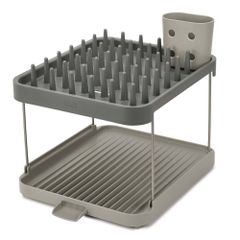 Giá úp bát đĩa 2 tầng Joseph Joseph Duo - Khay sấy bát đĩa thông minh màu xám, tích hợp xả nước trực tiếp vào bồn rửa, cần nâng cao tiện lợi.