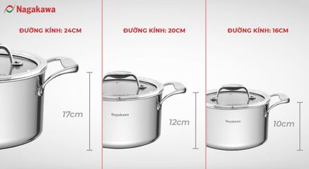 Bộ 3 Nồi Inox Nagakawa Haru NAG1355 (16cm, 20cm, 24cm) - Dùng Cho Bếp Từ, Bếp Gas, Bếp Hồng Ngoại, Chất Liệu Inox 304 Cao Cấp