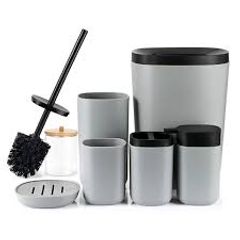 Bộ Dụng Cụ Phòng Tắm 6 Chi Tiết Màu Xám DUFU - Cốc, Khay, Chai, Cọ Toilet và Thùng Rác Tiện Ích