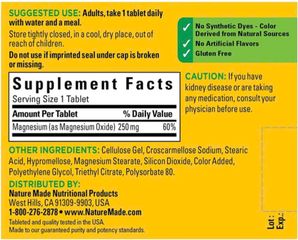 Viên uống bổ sung Magie Nature Made Magnesium 250mg - 100 Viên, Hỗ Trợ Cơ Bắp, Tim Mạch, Sức Khỏe Xương, Hàng Nhập Mỹ