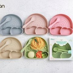 Khay Cầu Vồng Silicon Misan Kèm Thìa - Dụng Cụ Ăn Dặm Chống Đổ An Toàn Cho Bé Cực Đáng Yêu
