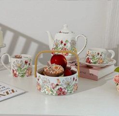Bộ Sứ Vintage Cao Cấp Hoa Mùa Xuân - Tách Trà, Đĩa Lót, Cốc, Ấm, Giỏ Sứ Sang Trọng, An Toàn Cho Sức Khỏe