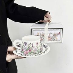 Bộ Sứ Vintage Cao Cấp Hoa Mùa Xuân - Tách Trà, Đĩa Lót, Cốc, Ấm, Giỏ Sứ Sang Trọng, An Toàn Cho Sức Khỏe