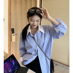 Áo Sơ Mi Kẻ Xanh Phối Trắng HOOKA Dài Tay Nữ Cổ Điển Size M - Thời Trang Hàng Ngày Cho Phái Nữ