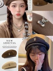 Mũ Nồi Nỉ Thỏ Beret Hàn Quốc - Chất Liệu Nhung Mịn, Phối Dây Xích, Kiểu Dáng Thời Trang Năng Động, Điều Chỉnh Kích Cỡ