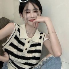 Áo len polo sọc đen nữ WGWE - Chất liệu dệt kim co giãn, mềm mại, phù hợp cho bạn mỗi ngày