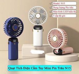 Quạt Tích Điện Cầm Tay Mini N15 - Quạt Sạc Pin Có Màn Hình LED 5 Cấp Độ Gió, Thiết Kế Gọn Nhẹ cho Đi Du Lịch, Hoạt Động Ngoài Trời