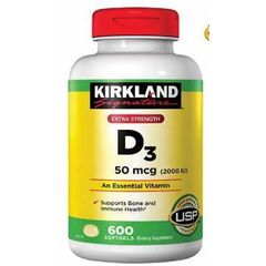 Viên Uống Bổ Sung Vitamin D3 Kirkland 50mcg (2000 IU) - Hộp 600 Viên Tăng Cường Sức Khỏe Xương và Hệ Miễn Dịch