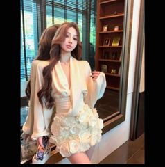 Set Váy Áo Sơ Mi Cổ V Chất Liệu Tơ Lụa Đính Hoa Sang Chảnh - Thời Trang Tiệc Tối Màu Trắng Size M