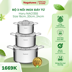 Bộ 3 Nồi Inox Nagakawa Haru NAG1355 (16cm, 20cm, 24cm) - Dùng Cho Bếp Từ, Bếp Gas, Bếp Hồng Ngoại, Chất Liệu Inox 304 Cao Cấp