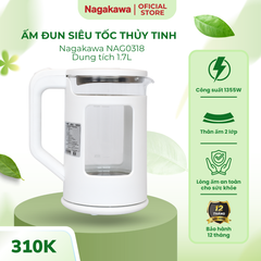Ấm Siêu Tốc Thủy Tinh Nagakawa NAG0318 - Dung Tích 1.7L, Công Suất 1355W, Thiết Kế Hiện Đại, Bảo Hành 12 Tháng
